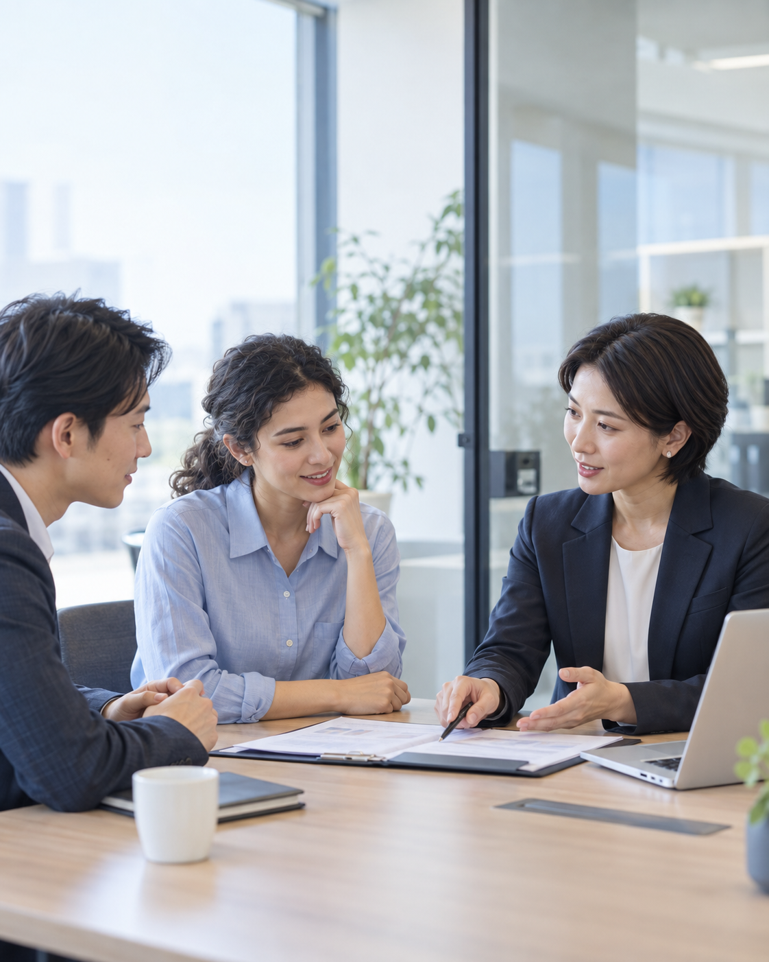 担当者と相談者が資料を見ながら話し合う相談イメージ